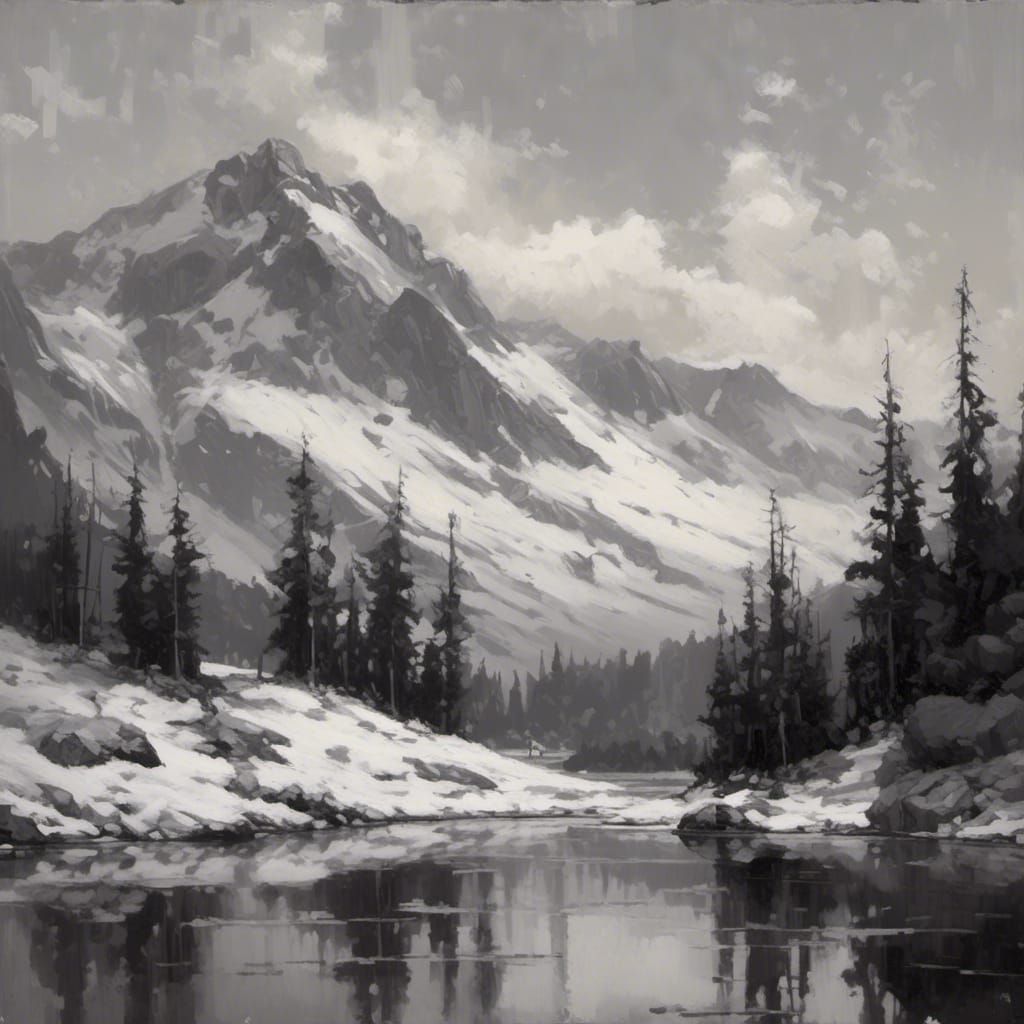Simplistic Grayscale Mountain Lake Snowscape as Oil Painting