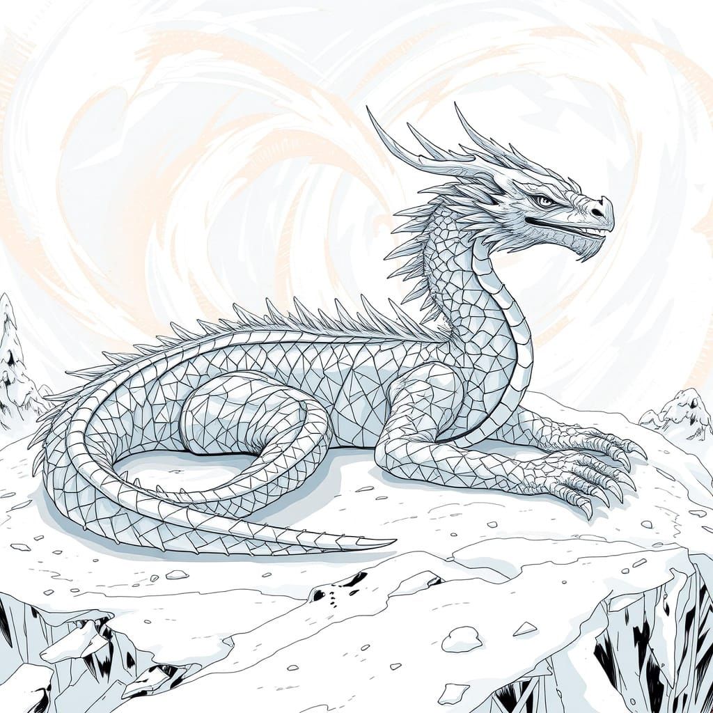 Majestic Ice Dragon in Black and White Alcohol Line Art Styl...