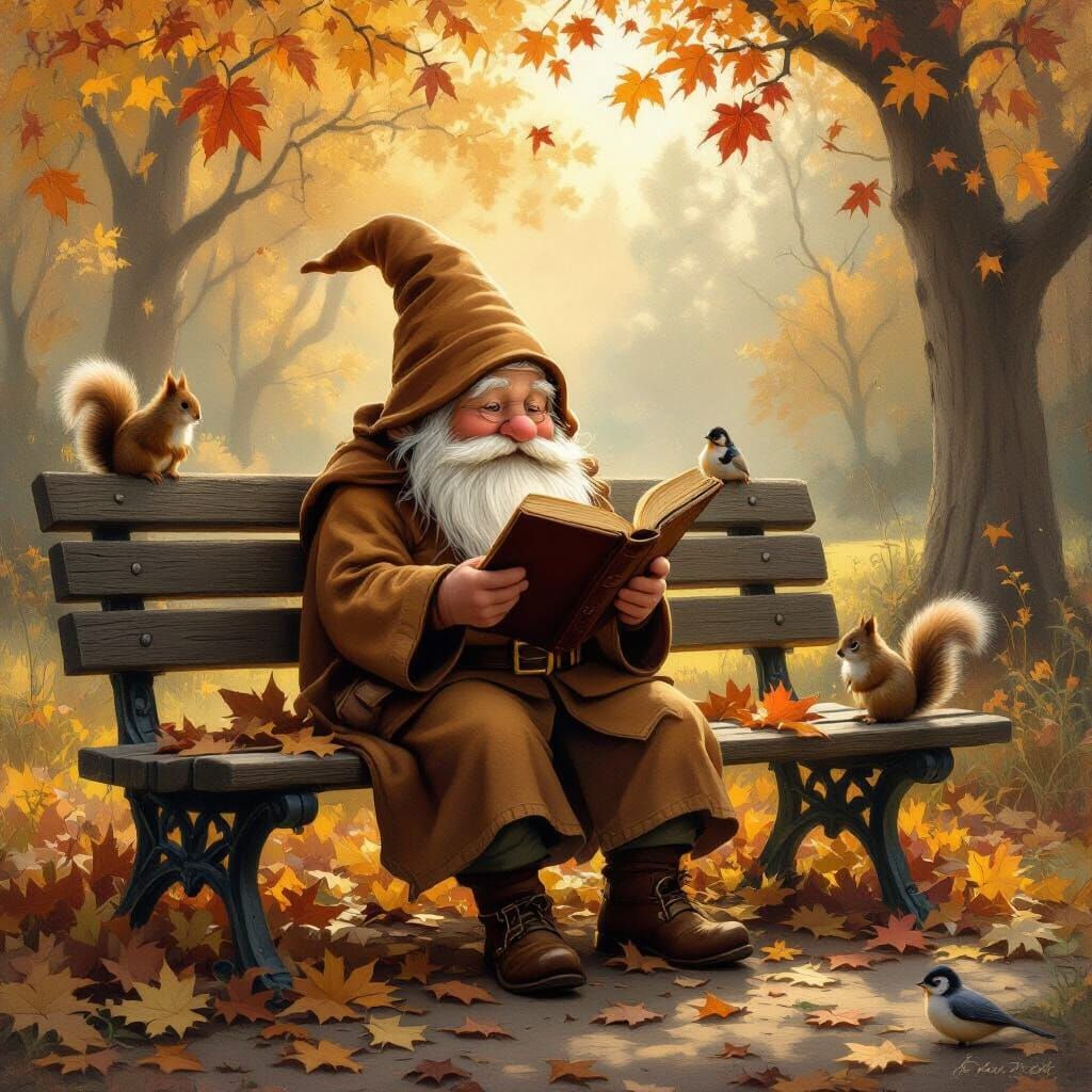 Gnome Reading Tome on Park Bench in Oil Painting Style