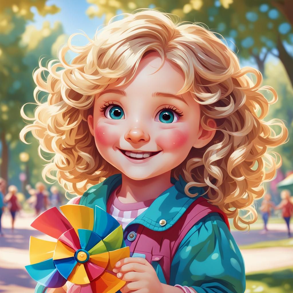 Happy Child Playing with Pinwheel in Sunny Park