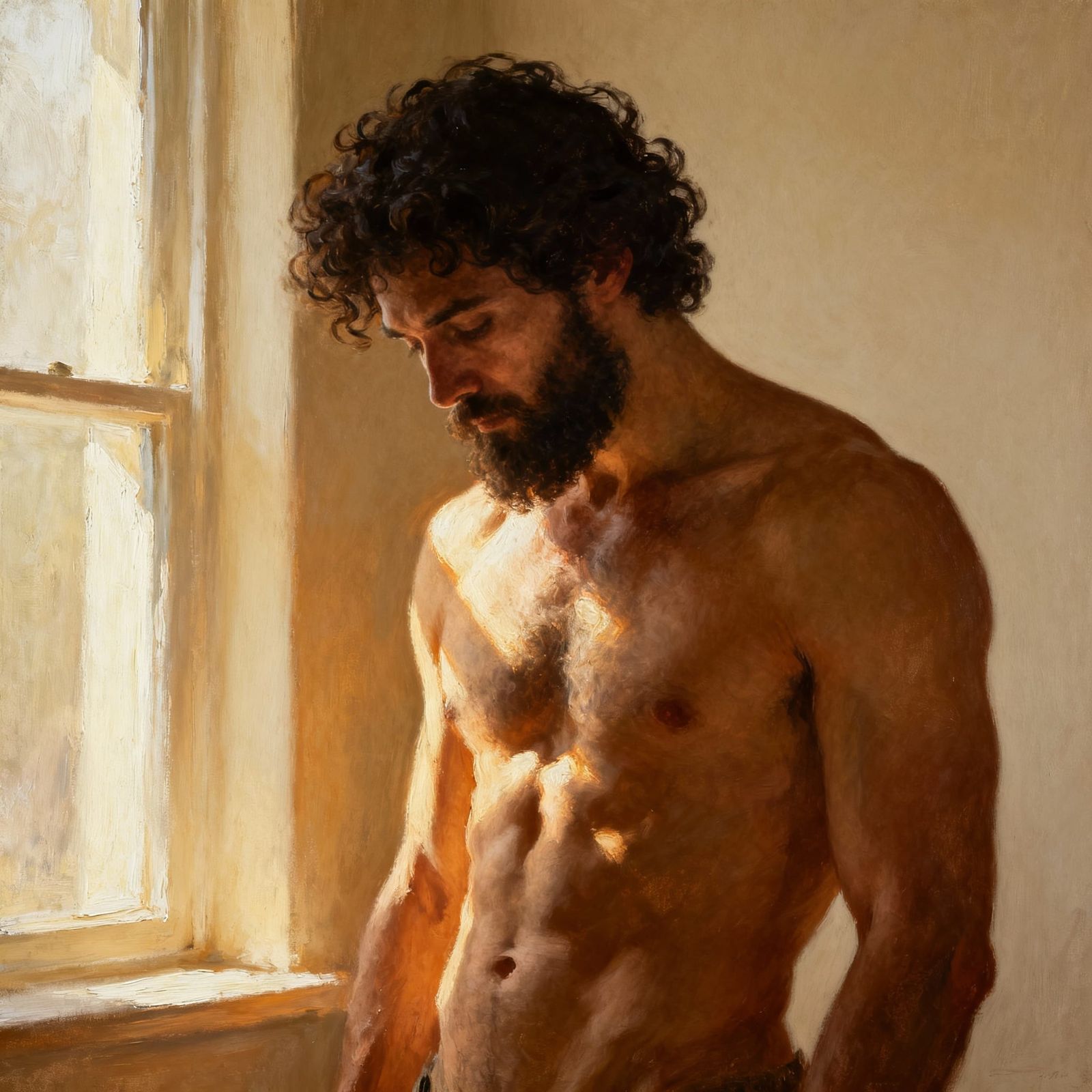 Contemplative Muscular Man in Dramatic Light