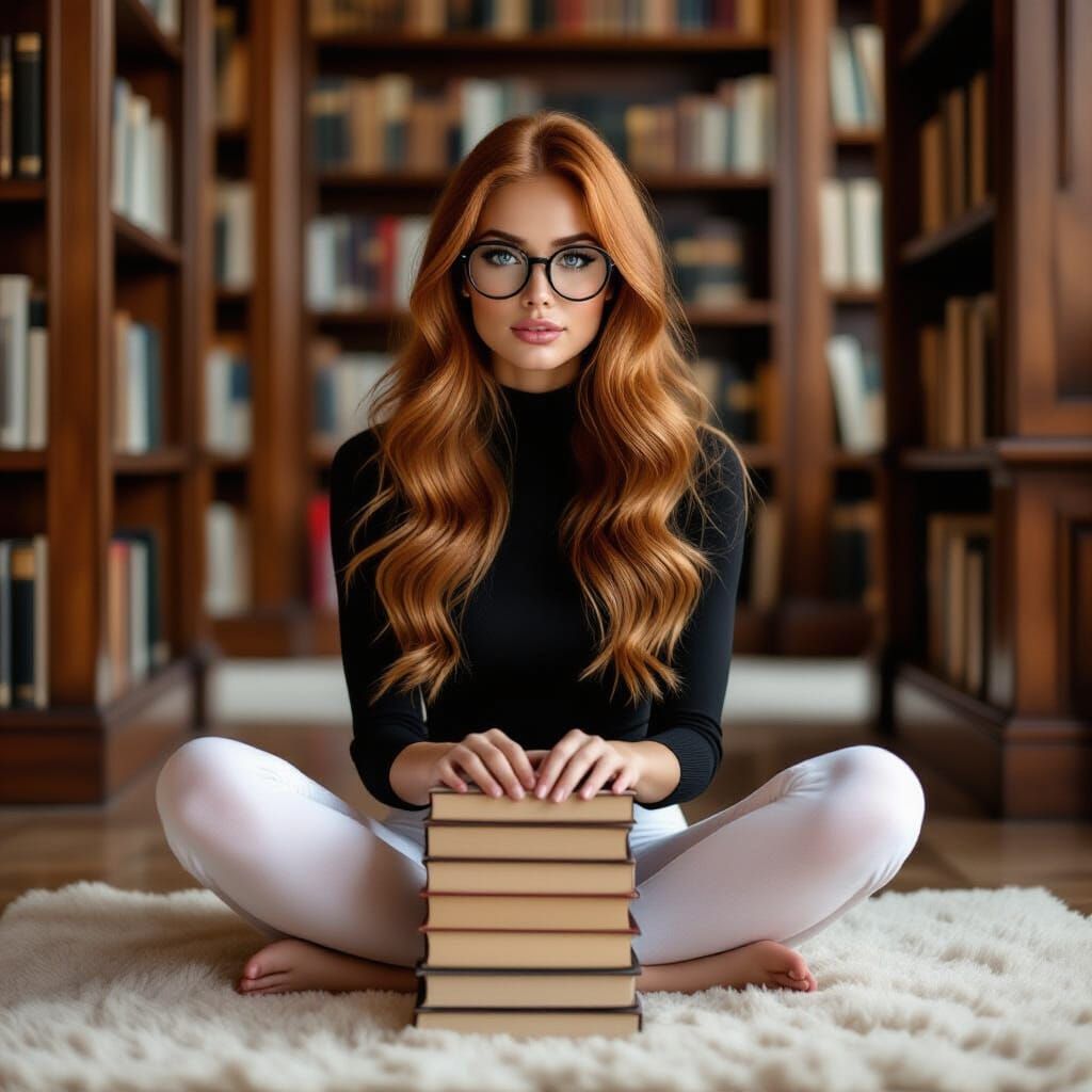 Young Woman in Library, Ultra-Realistic Cinematic Photograph...