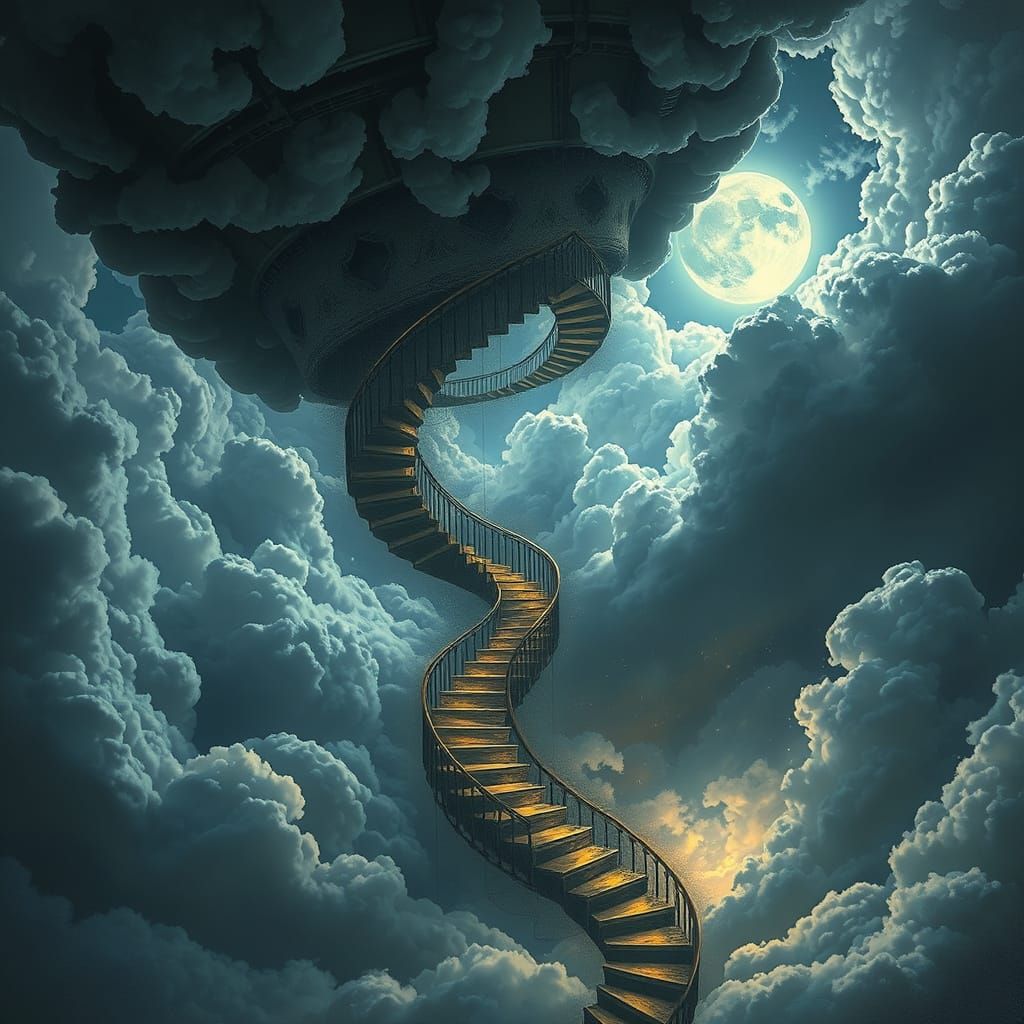 Moonlit Spiral Staircase Ascending Through Clouds