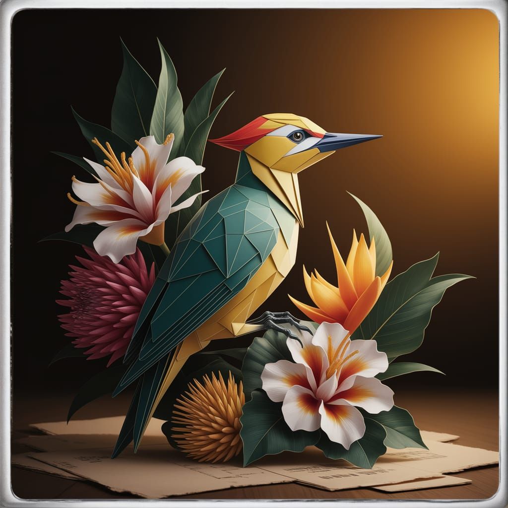 Origami Yellow-headed Woodpecker with Tropical Flowers