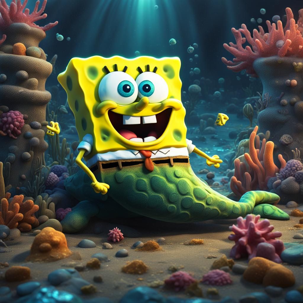 Spongebob and Mermaid with Sleeping Patrick: Digital Paintin...
