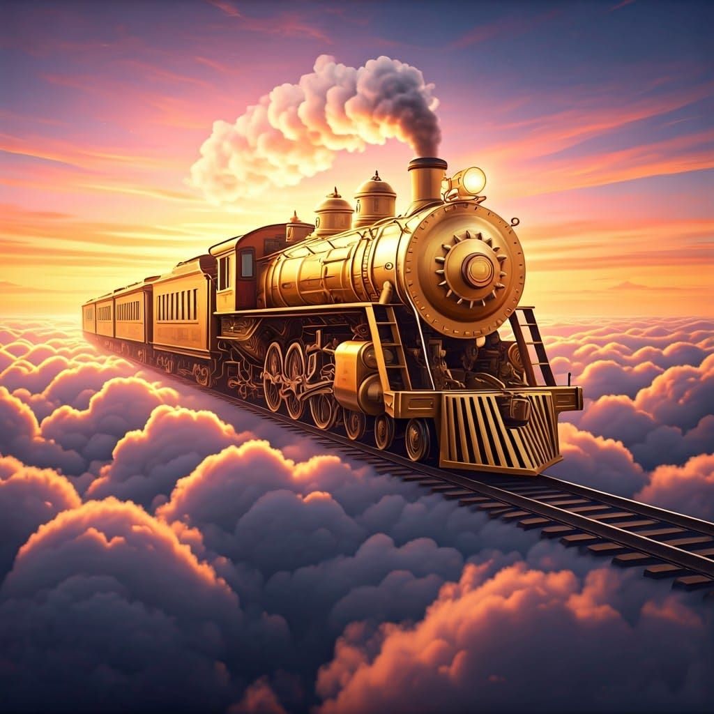 Golden Train Rides Clouds at Sunset: Fantasy Art