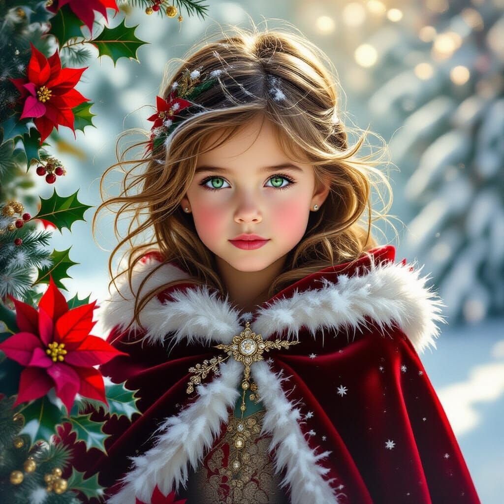 Enchanted Girl in Crimson Cloak Yuletide Portrait