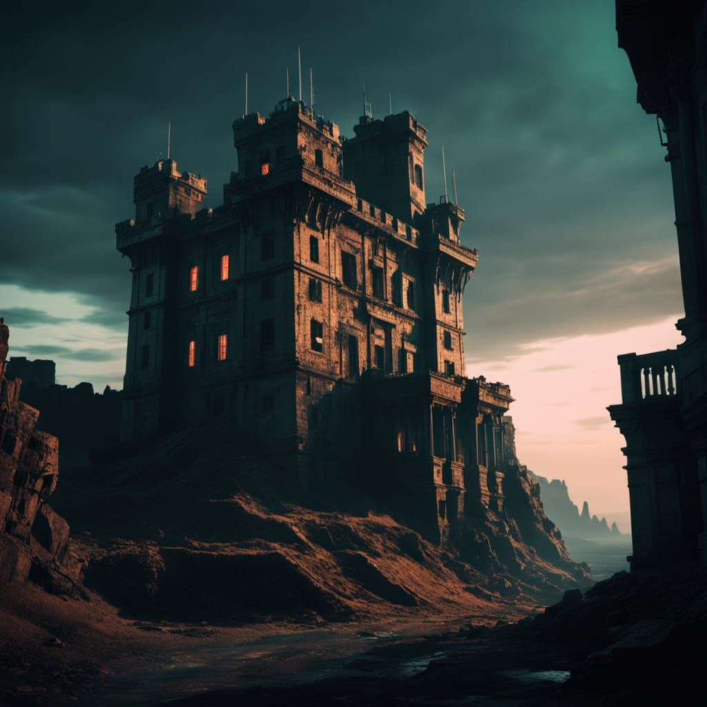 Cyberpunk Ruined Castle at Golden Hour