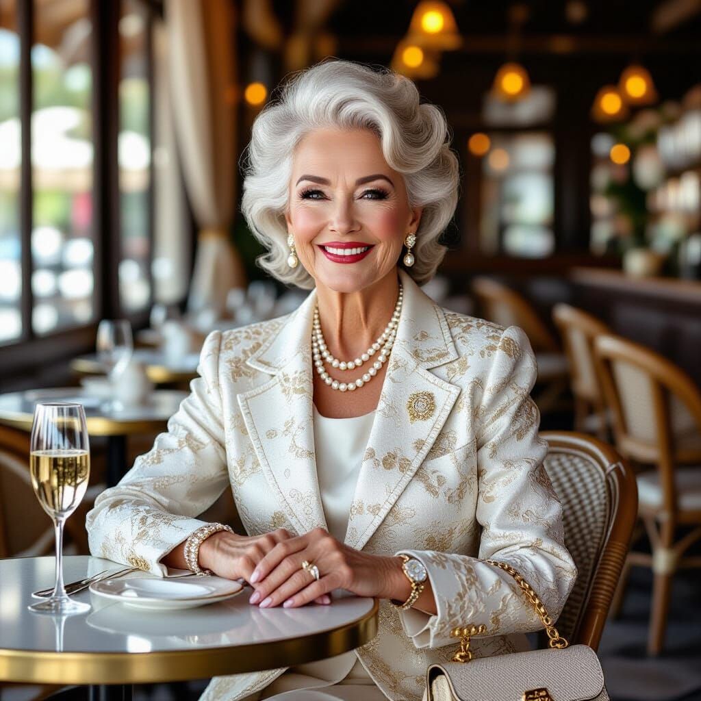 Elegant Elderly Woman in Chanel Style Suit with Champagne
