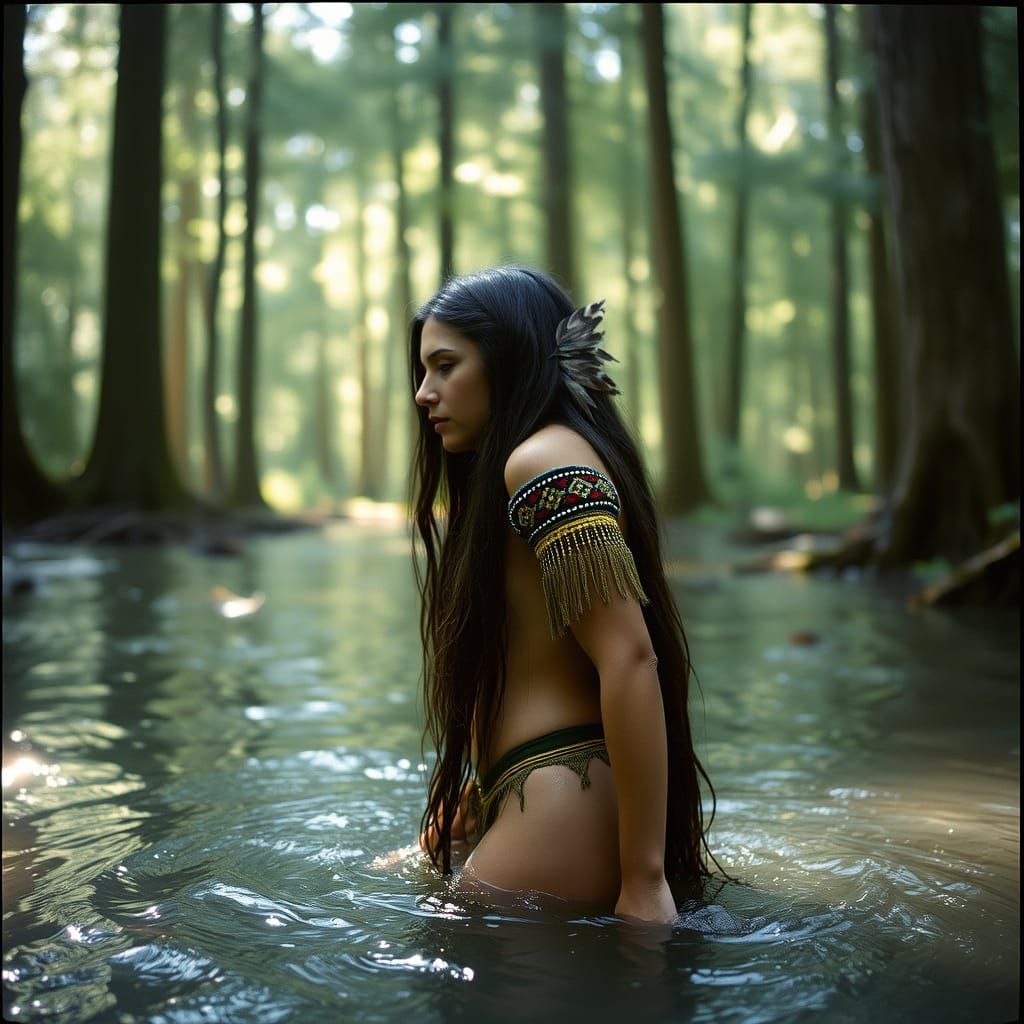 Native American Woman Wades in Forest Water, Adorned with Fe...