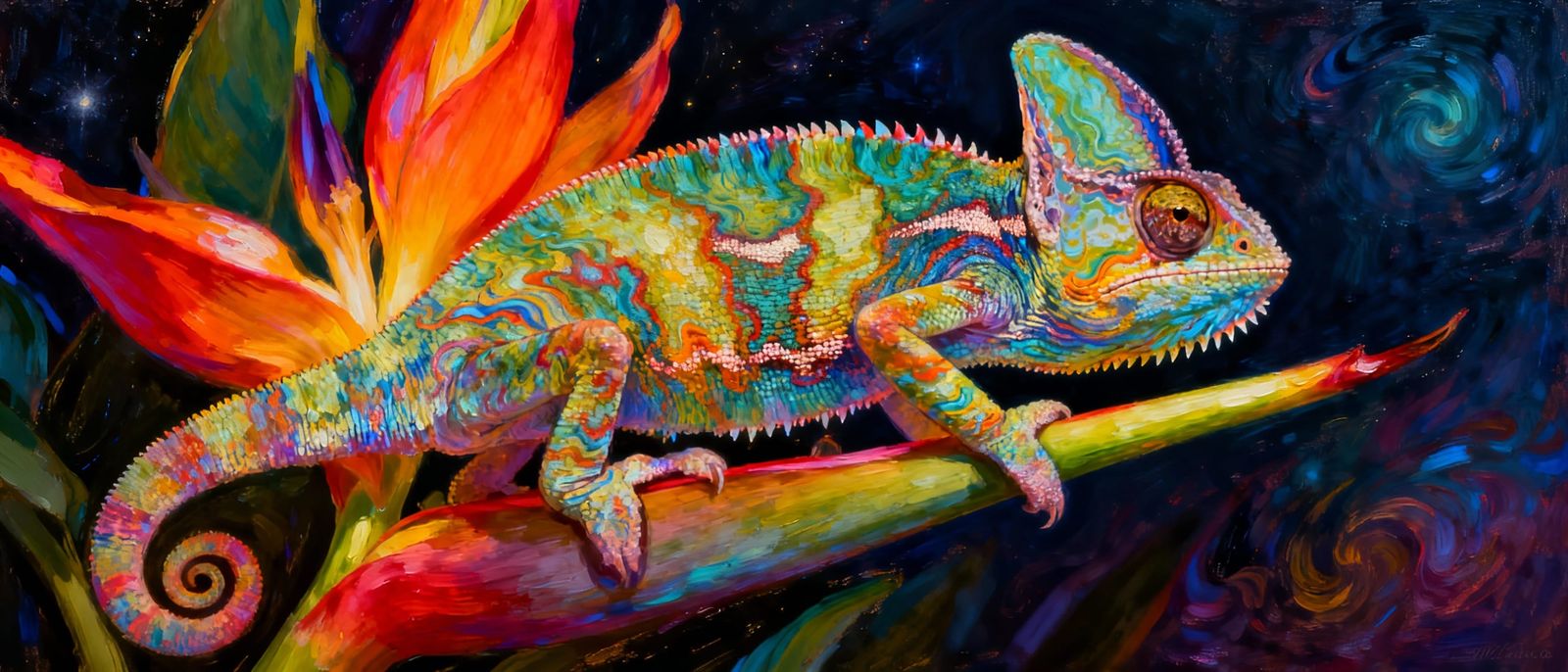 Vibrant Panther Chameleon Macro Photo on Tropical Flower