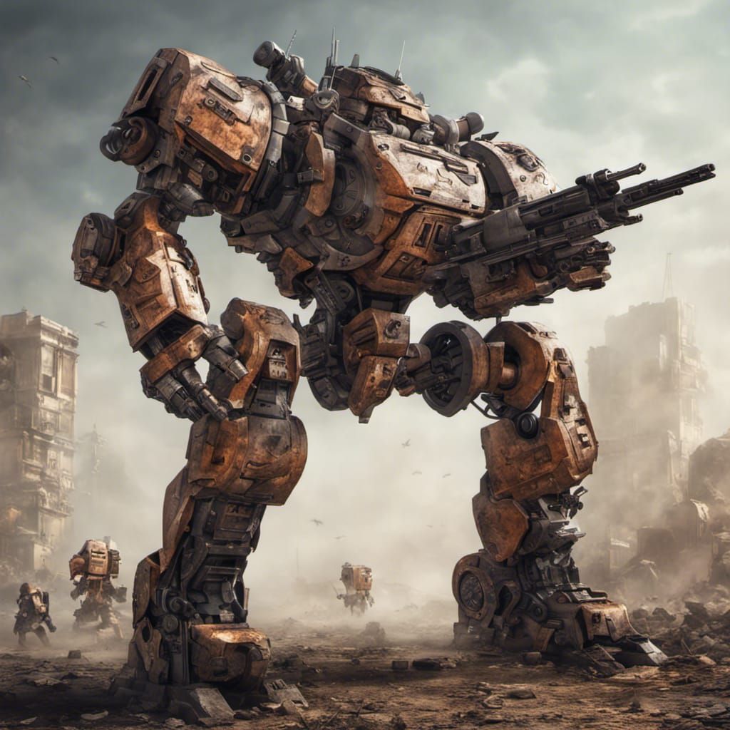 Hyperrealistic Battle Mech with Sword and Shield