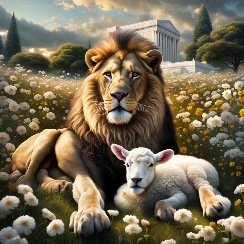 Lion and Lamb in Field, Sargent Style