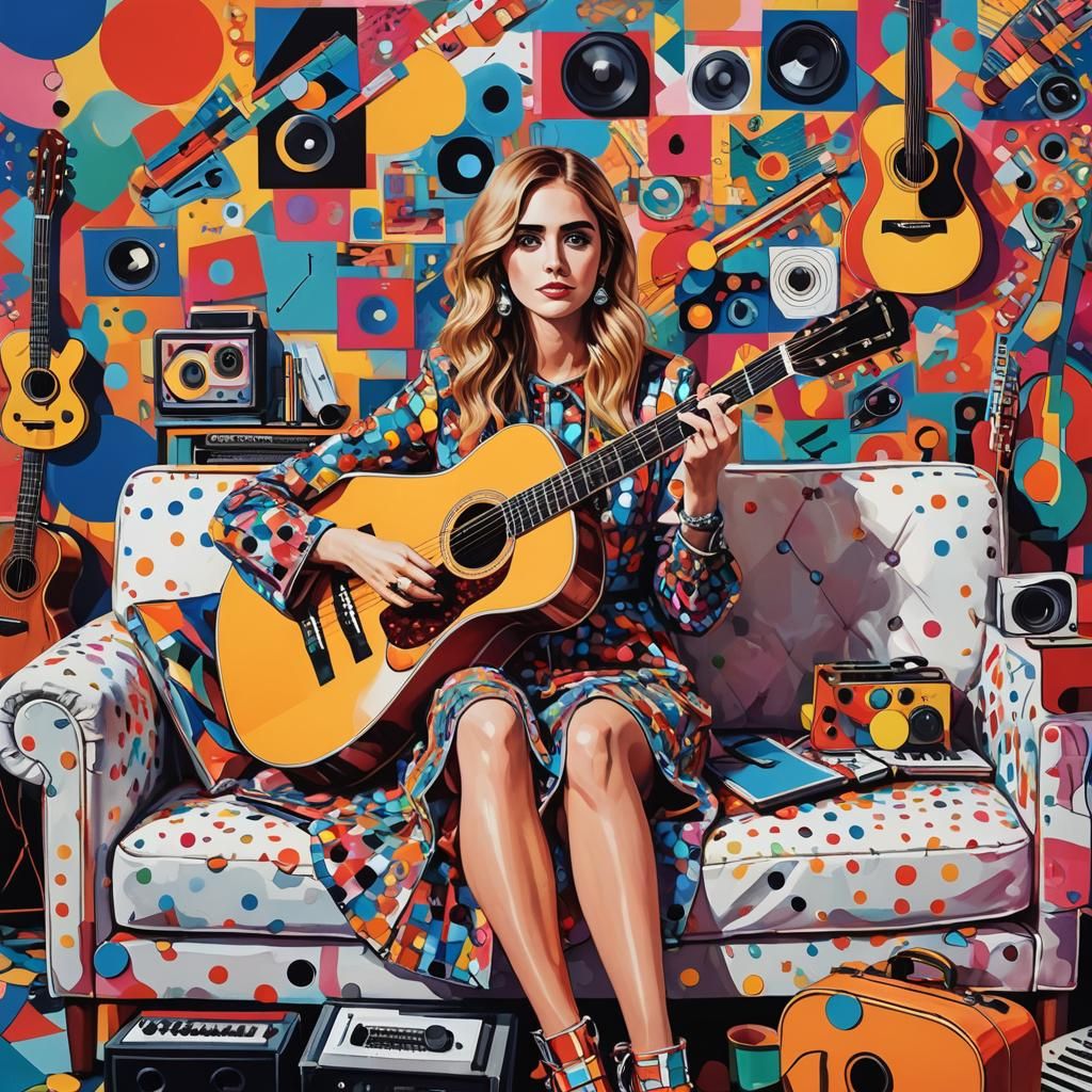 Influencer Surrounded by Instruments in Pop Art Style