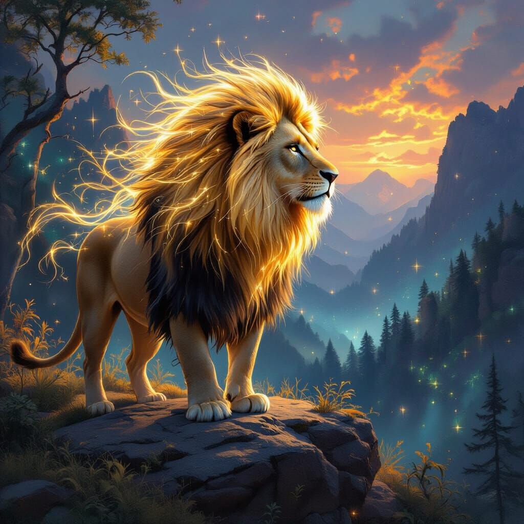 Starlight Lion on Rocky Outcrop Overlooking Bioluminescent F...