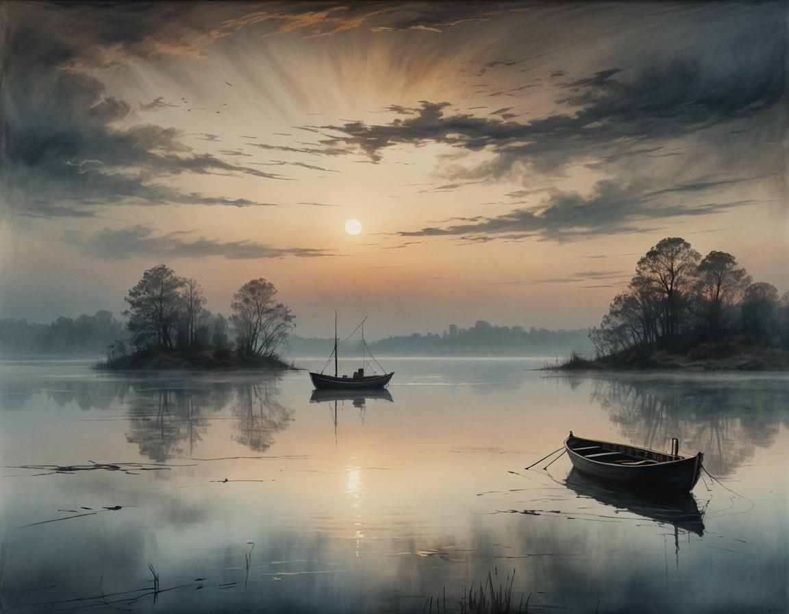 Lone Boat at Sunset: Nocturnal Romanticism