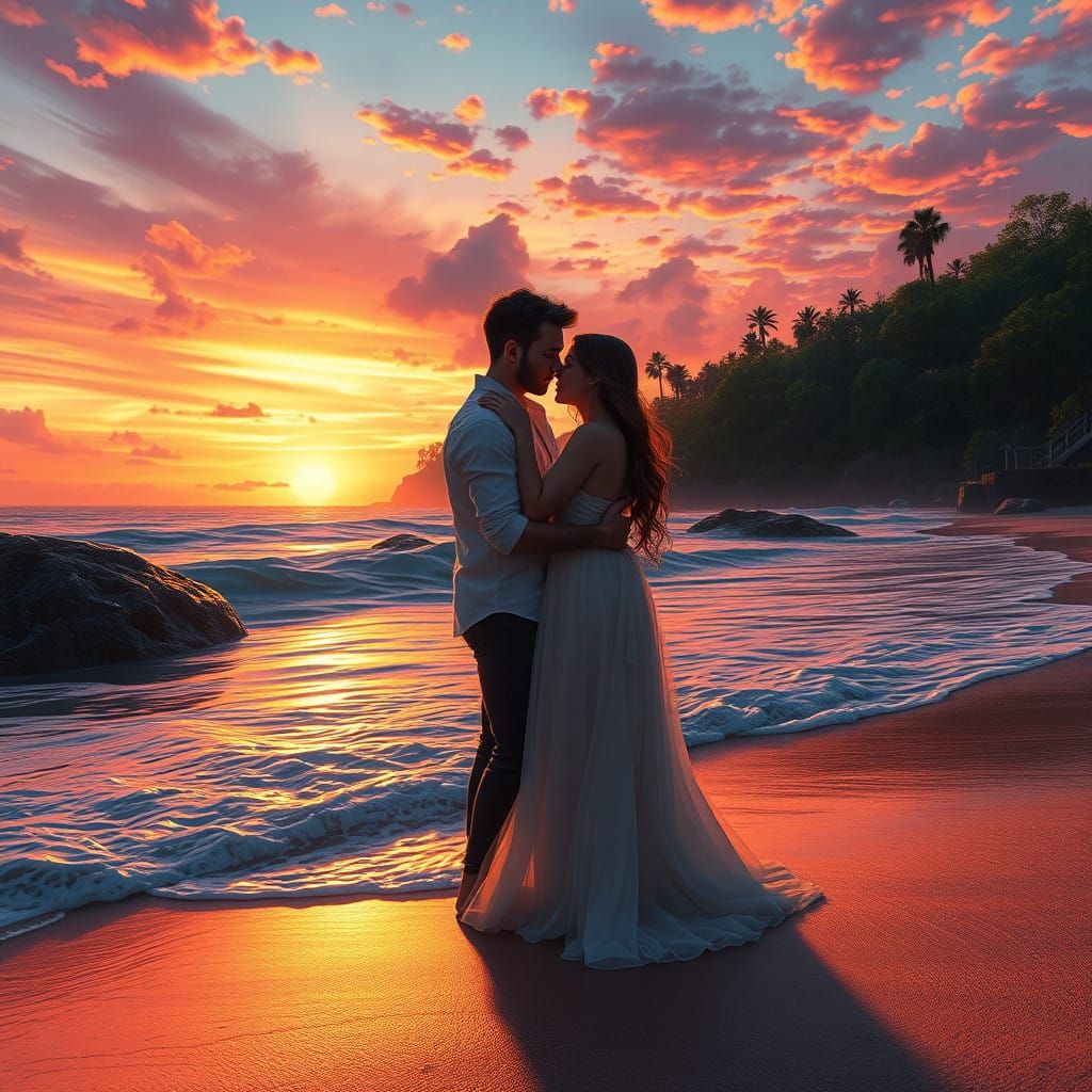Sunset Beach Lovers Embracing in Warm, Whimsical Hues