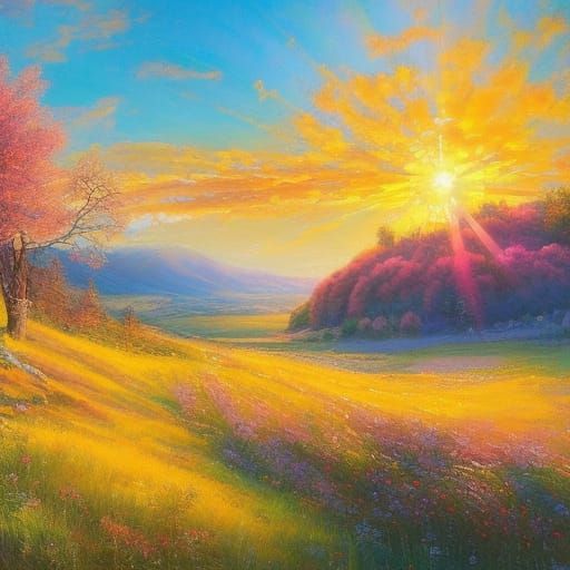 Romantic Picnic in Sunset Meadow, Dreamy Landscape