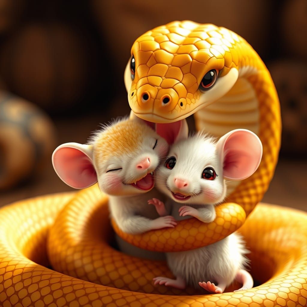 Adorable Snake Hugs Mouse in Hyper-Realistic Fantasy Art