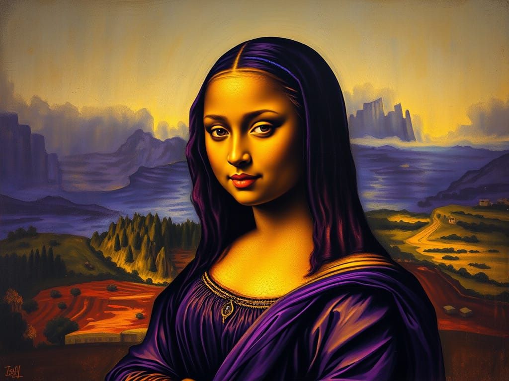 Mona Lisa Reborn in Vibrant Purple and Yellow