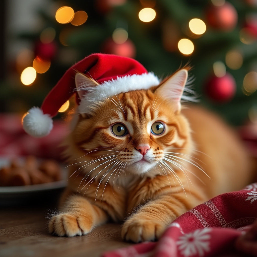 Festive Red Cat in Santa Hat, Holiday Portrait