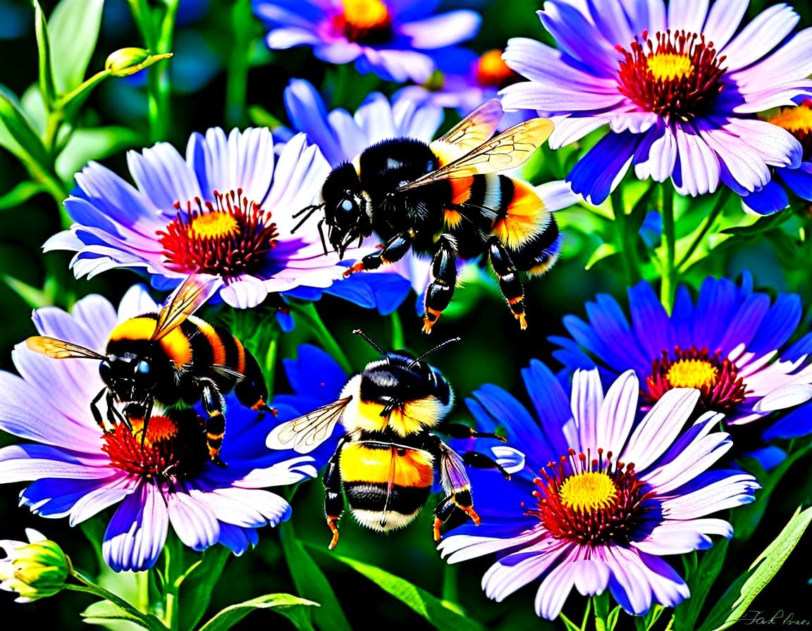 Bumble Bees on Flowers: A Digital Art Piece