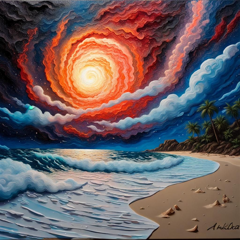 Nebula Glow Over Beach: Impasto Style 3D Art
