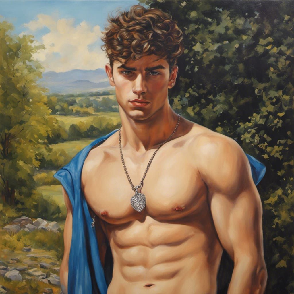 Painting of a Handsome Young Man Outdoors