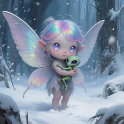 Chibi Fairy Protects Alien in Icy Forest, Digital Art
