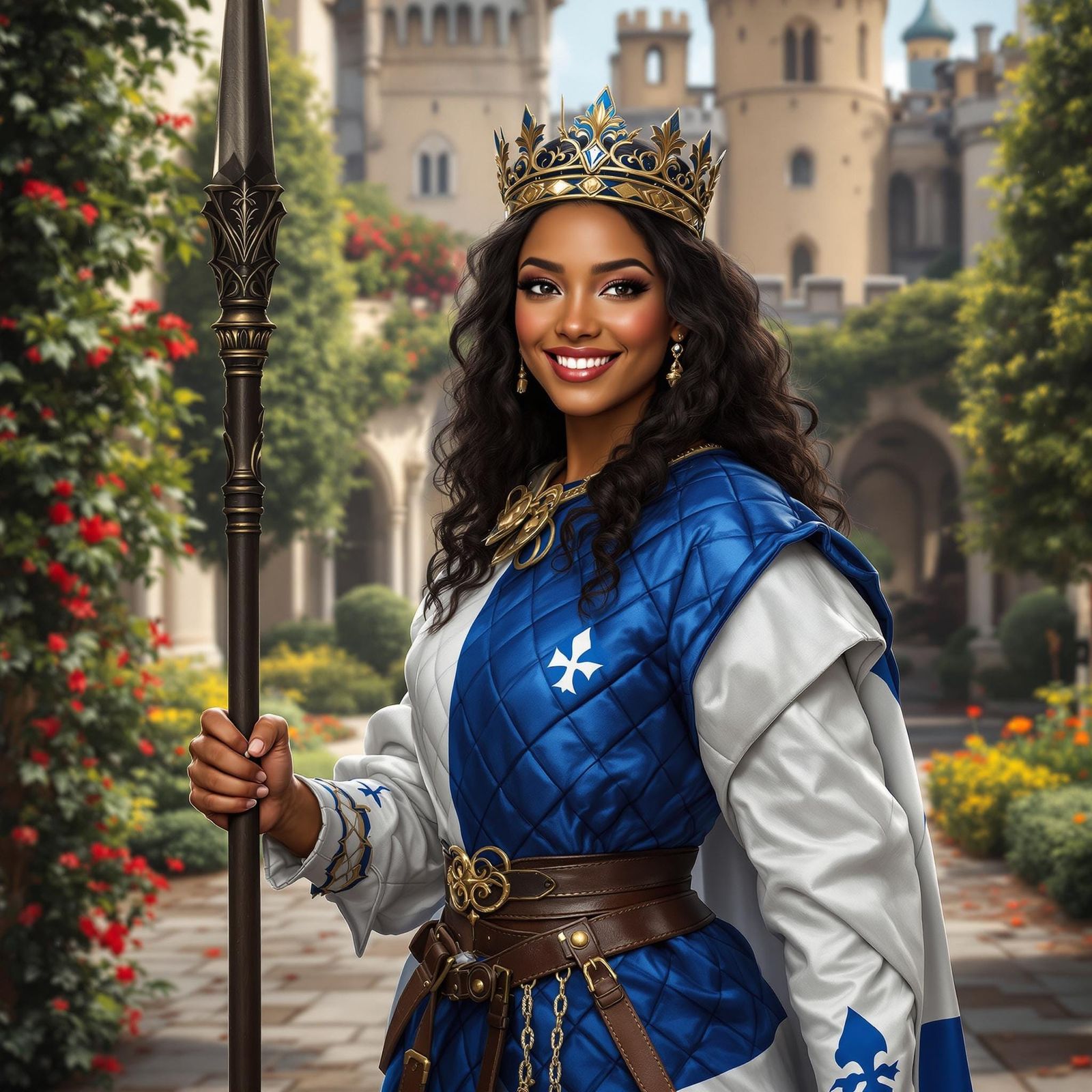 Quebec Queen in Castle Courtyard, Hyperrealistic Style
