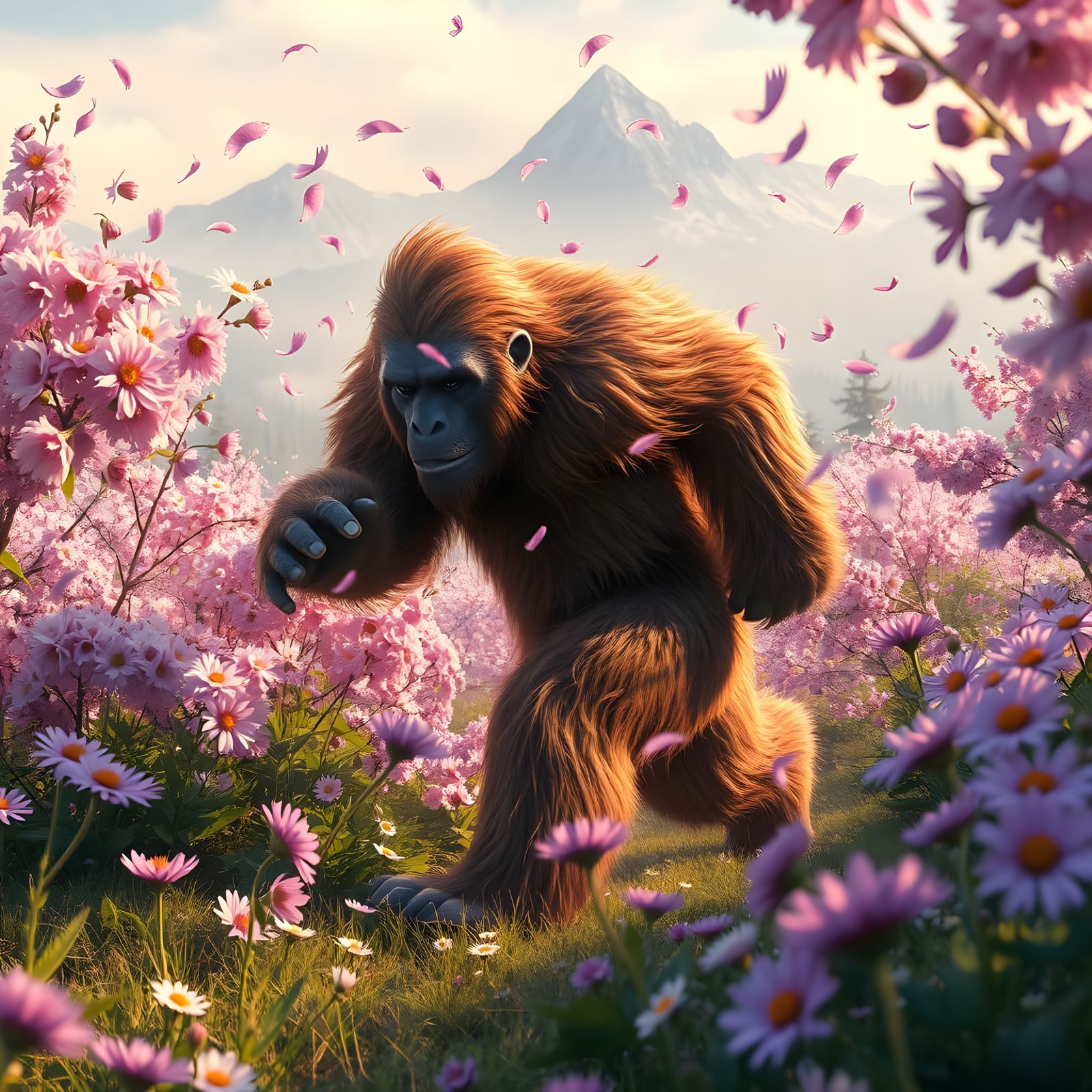 Sasquatch Amidst Vibrant Blossoms in a Mystical Landscape