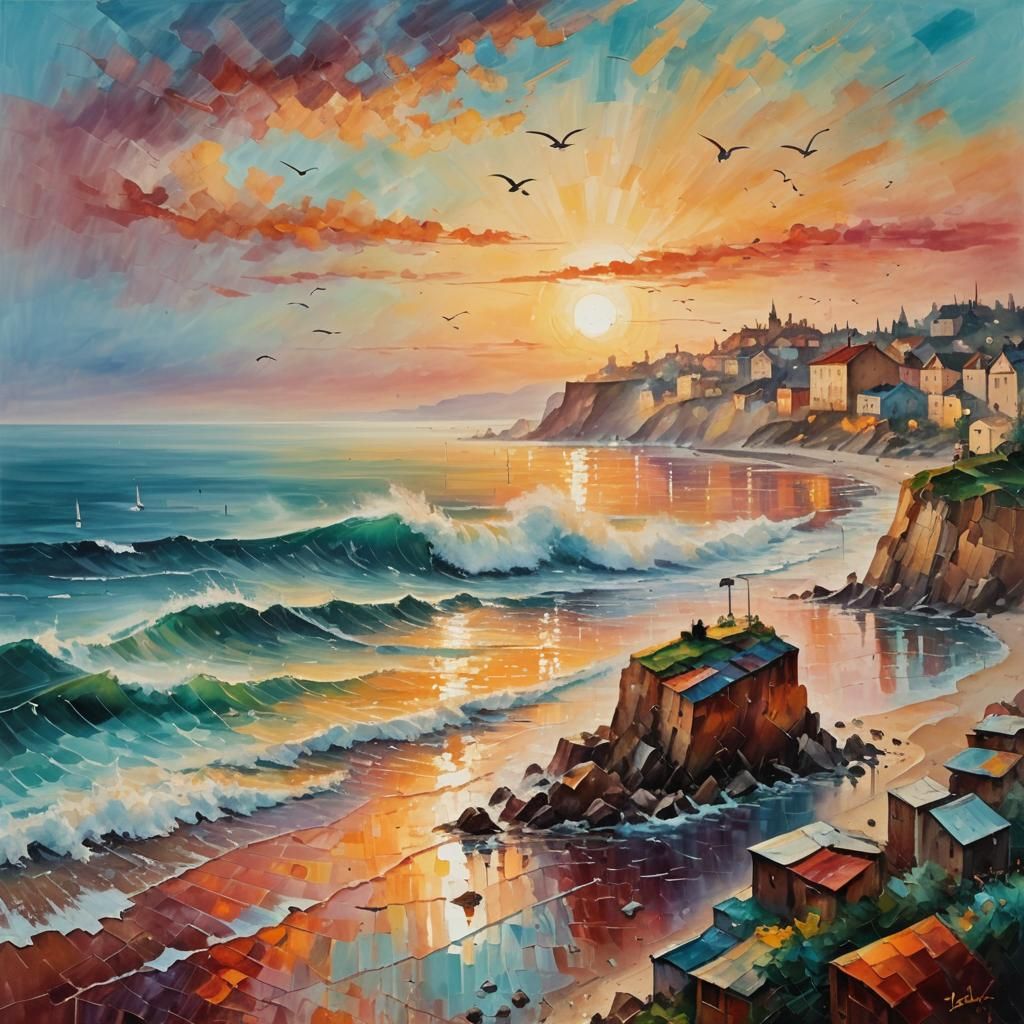 Impressionist Seascape with Dice Falling at Sunrise