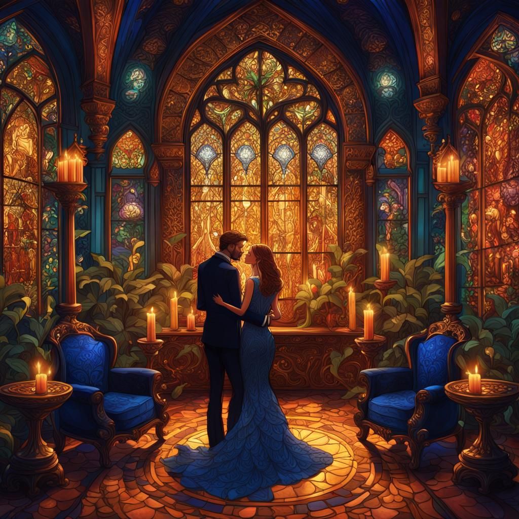 Lush Interior: A Couple's Embrace in Ornate Setting