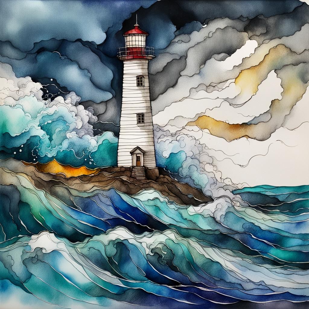 Lighthouse in Storm: Alcohol Ink Sketch