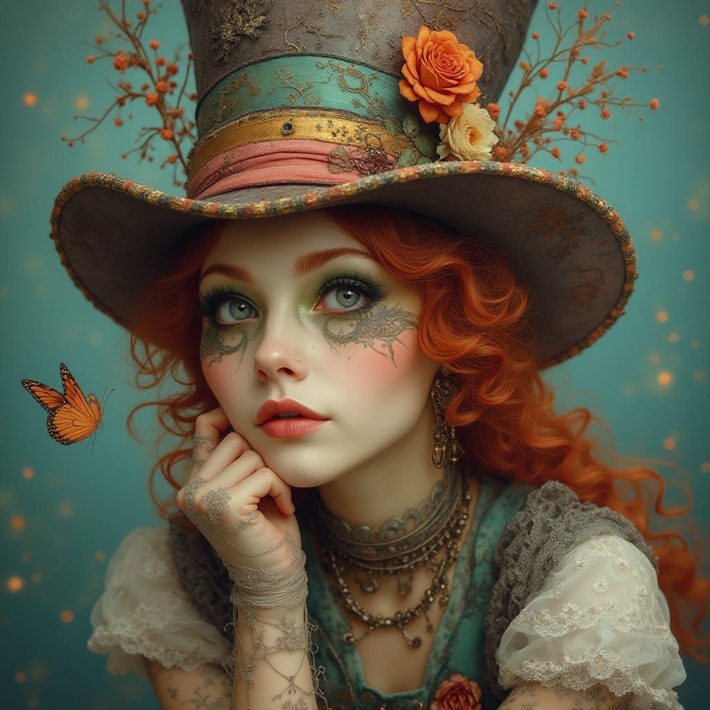 A whimsical portrait of a Mad Hatter-inspired woman