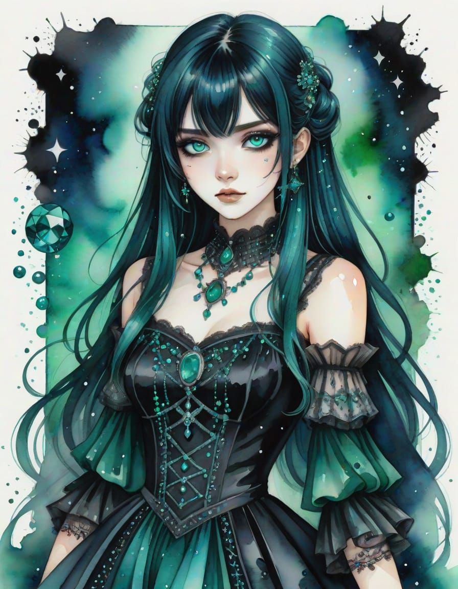 Gothic Anime Girl in Victorian-era Dress with Emerald Gemsto...