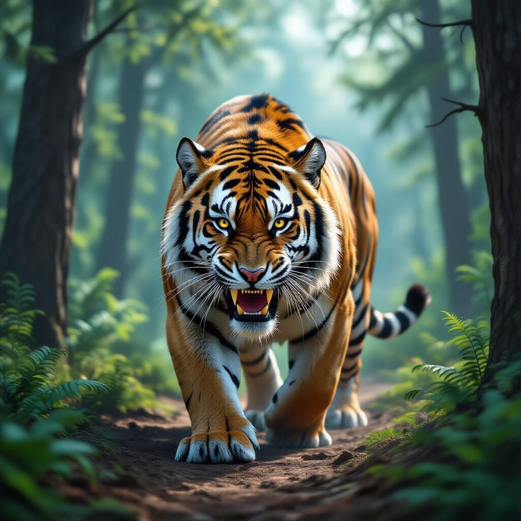 Saber-Toothed Tiger Roams Prehistoric Forests