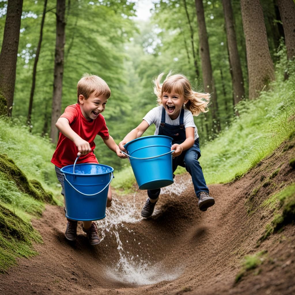 Children Rolling Downhill With Water Bucket