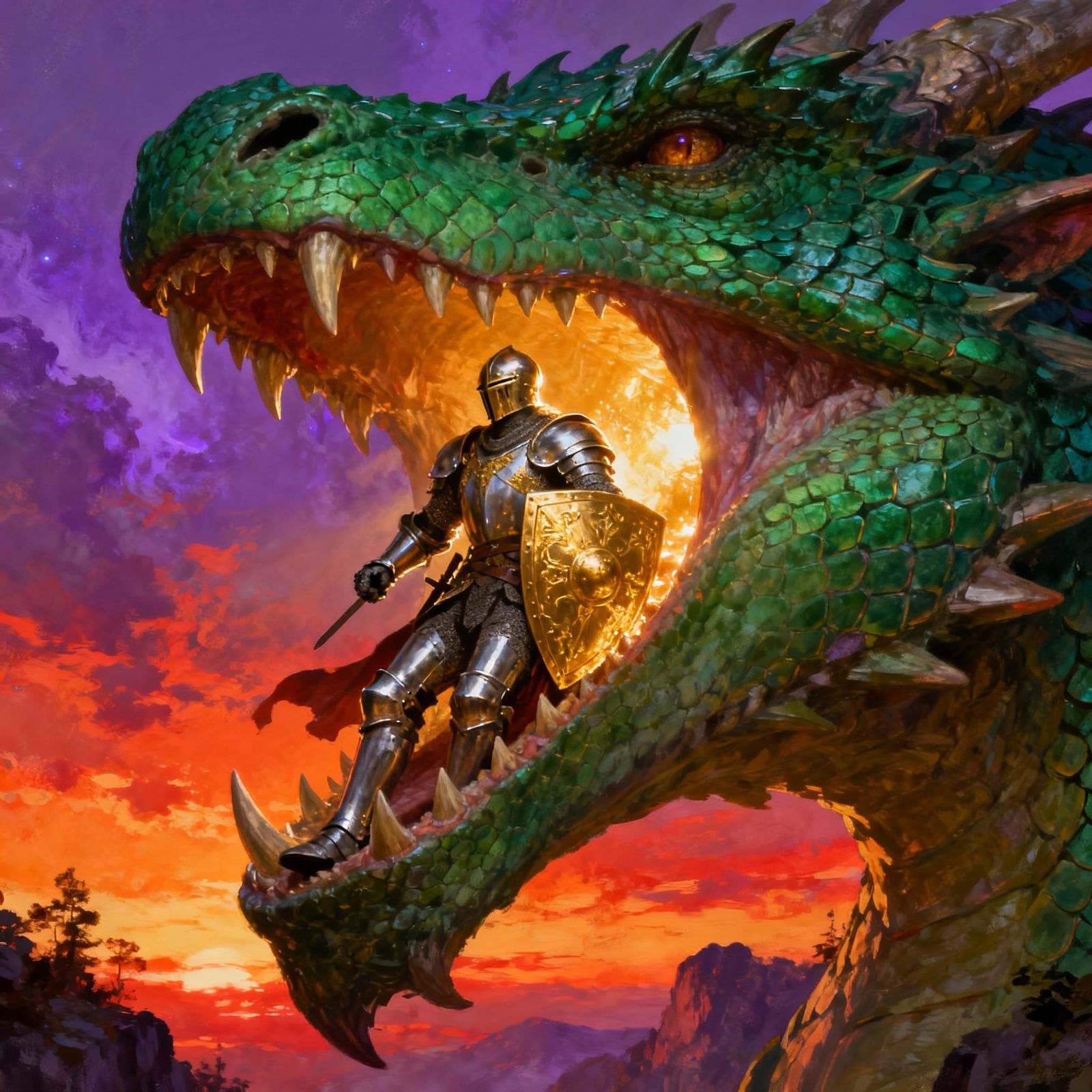 Knight in Dragon's Mouth at Vibrant Sunset - Fantasy Art