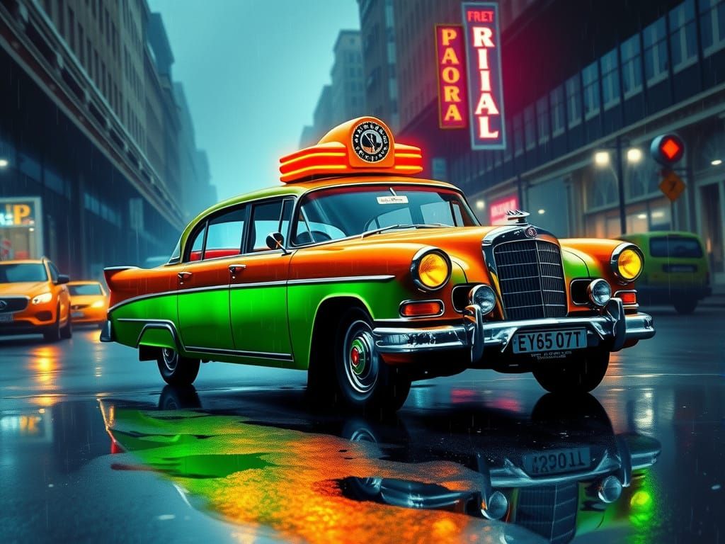 Steampunk Limousine with Neon Lights in Watercolor Style