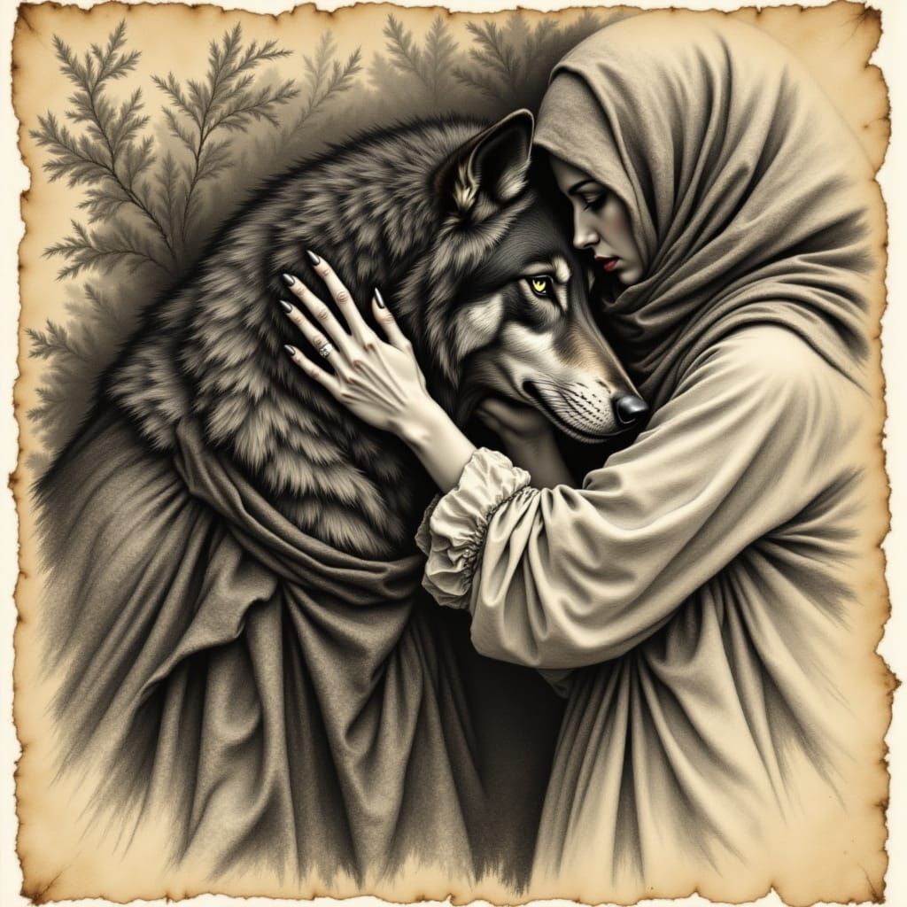 Charcoal Sketch of Woman Comforting Wolf in Vintage Style