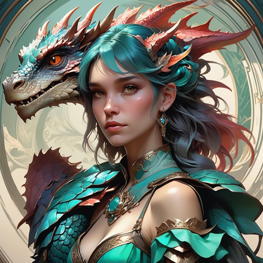 Woman with Dragon Portrait in Hyperdetailed Style