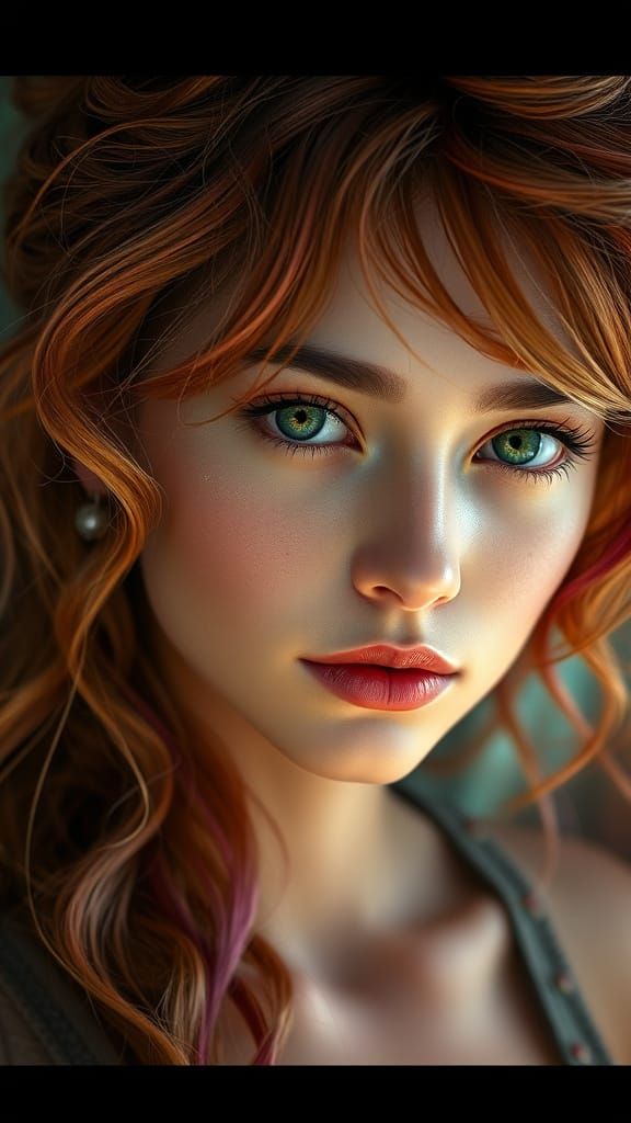 A stunning portrait of a young woman with vibrant, wavy hair...