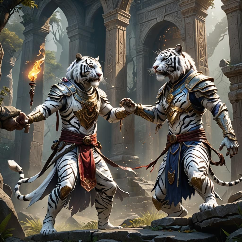 White Tiger Cleric Heals a Human in Matte Painting