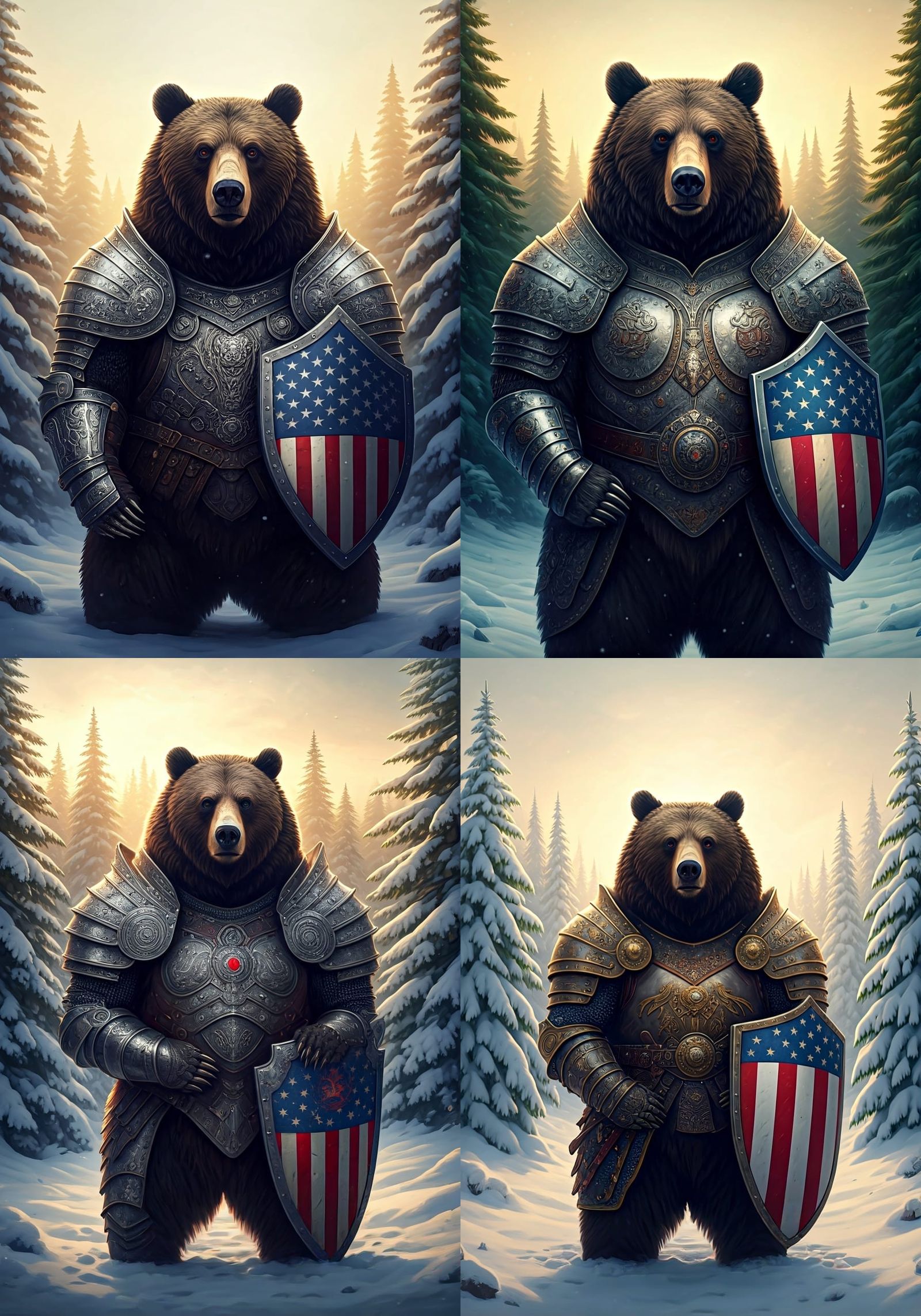 Armored Bear with American Flag Shield in Winter Forest