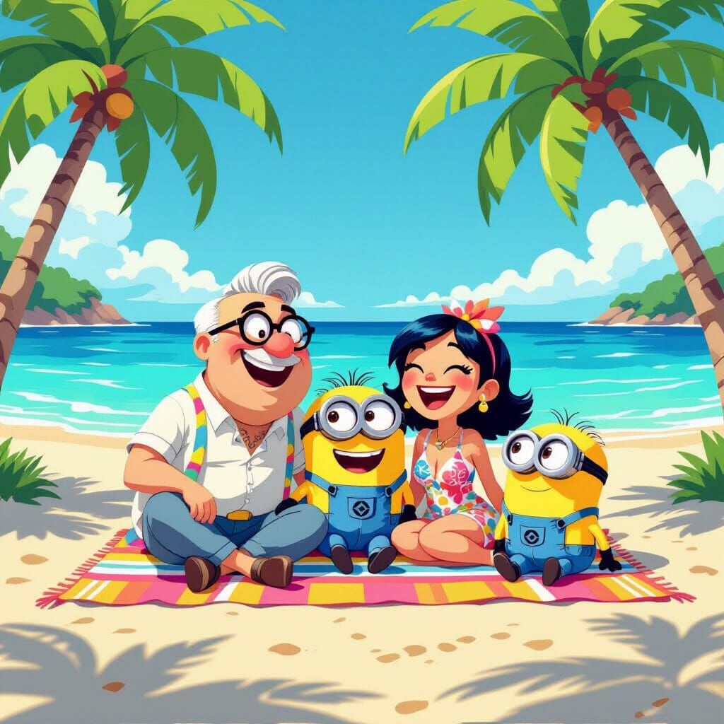 Gru, Lisa, and Minions: Beach Fun in Cartoon Style