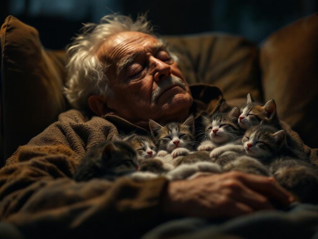 Hyperrealistic Old Man Napping with Kittens
