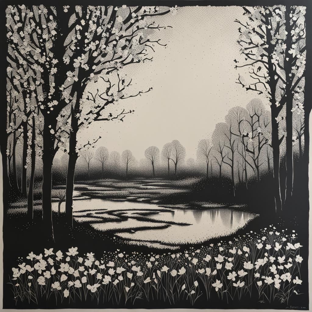 Punctured Silkscreen Print of Springtime Scene