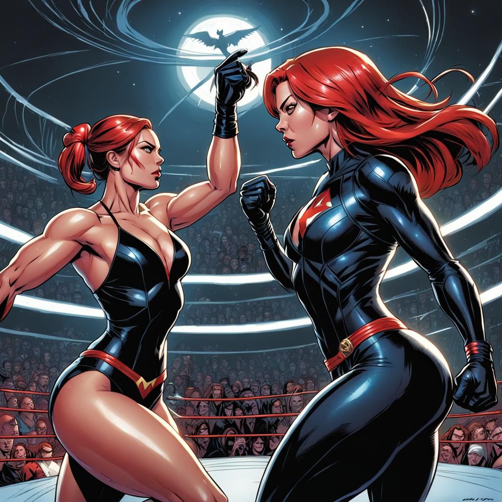 Comic Book Art: Supergirl vs Black Widow Wrestling