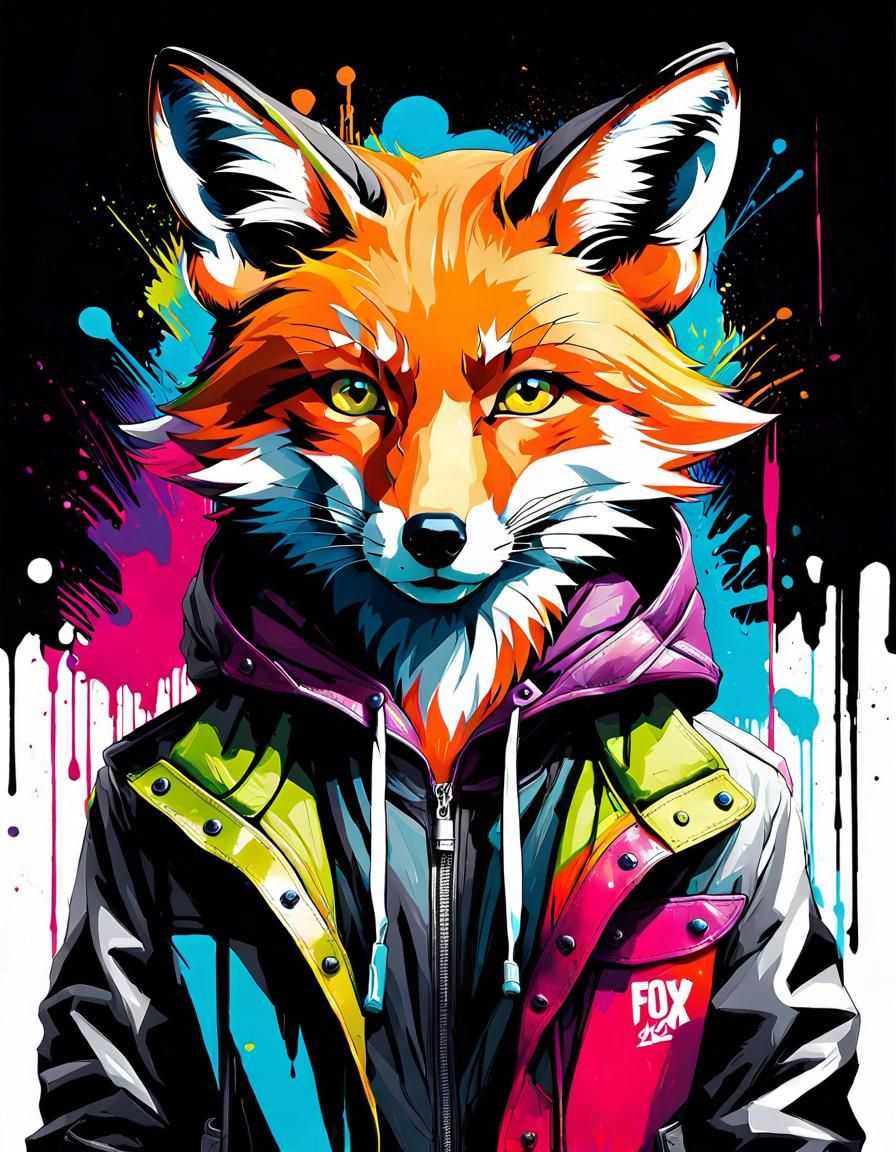 Colorful Hipster Fox Portrait in Graffiti Art Style